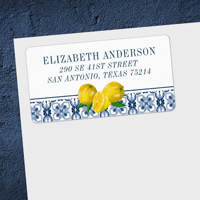 Elegant Lemon Italian Blue Tile  Label (So pretty to decorate your envelope before sending out your lemon bridal shower invitations)