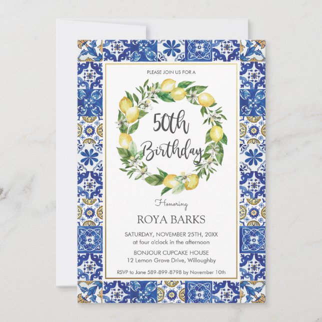 Elegant Lemon Mediterranean 50th Birthday Party Invitation (Front)