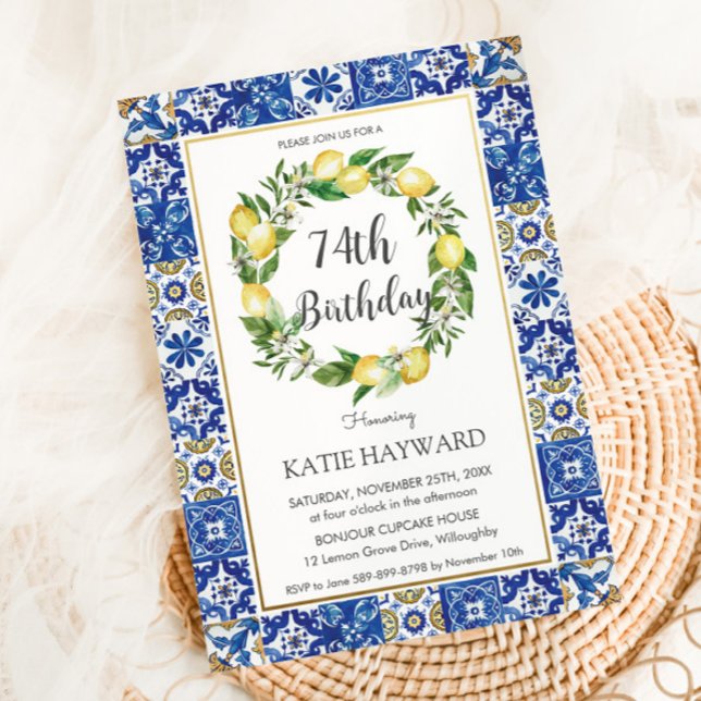 Elegant Lemon Mediterranean 74th Birthday Any Age Invitation (Creator Uploaded)