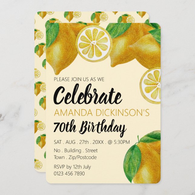 Elegant Lemon Sketch Birthday Invitation (Front/Back)
