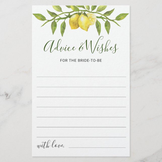 Elegant Lemon Watercolor Bridal Shower Advice Card (Front)