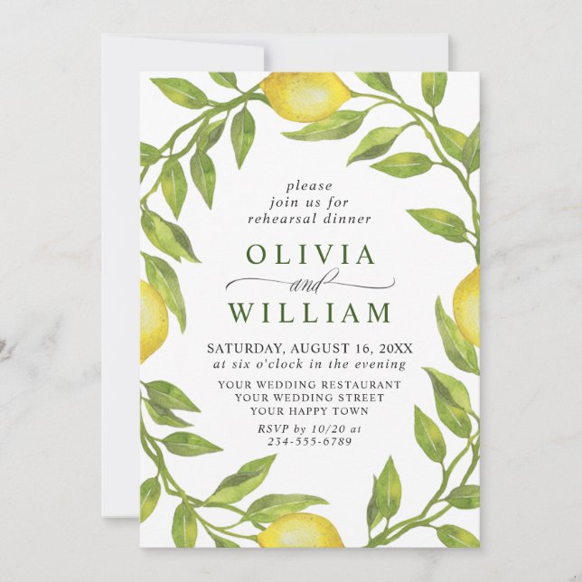 Elegant Lemon Watercolor Greenery REHEARSAL DINNER Invitation (Front)