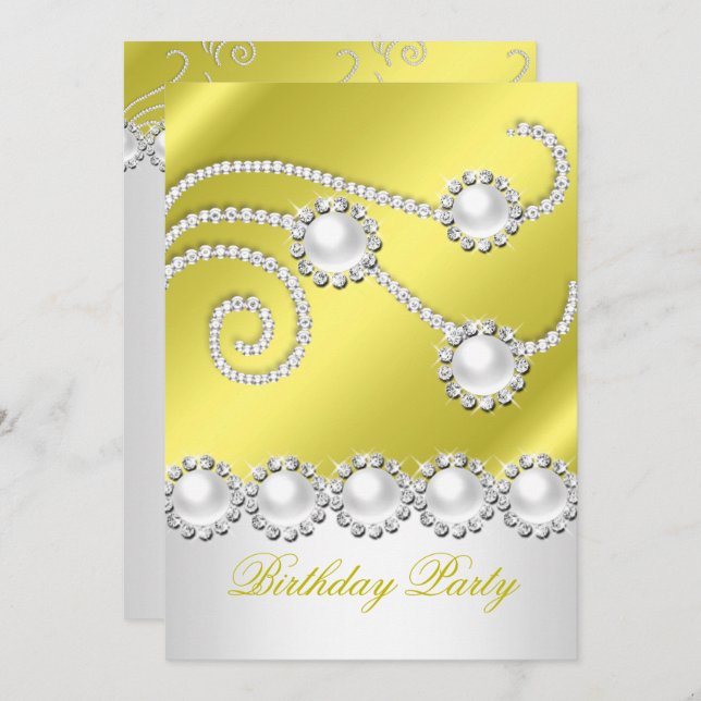 Elegant Lemon White Jewel Diamonds Birthday Party Invitation (Front/Back)