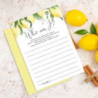 Elegant Lemon Who Am I Bridal Shower Game Card