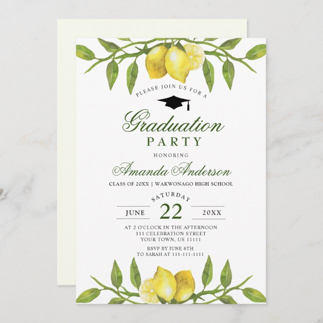 Elegant Lemons Greenery Chic Graduation Party Invitation (Front/Back)