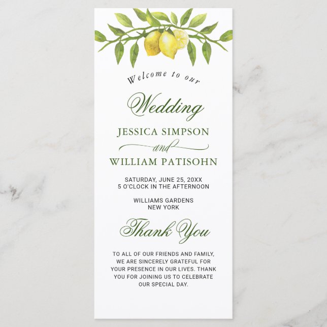 Elegant Lemons Greenery Wedding Ceremony Program (Front)