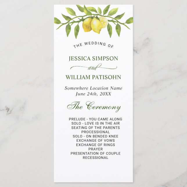 Elegant Lemons Greenery Wedding Ceremony Program (Front)