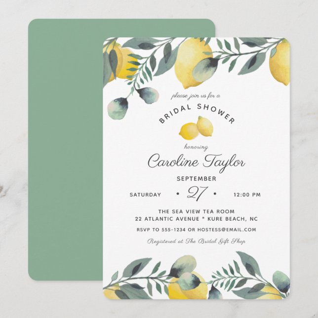 Elegant Lemons Watercolor Greenery Bridal Shower Invitation (Front/Back)