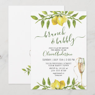 Elegant Lemons Watercolor Greenery BRUNCH & BUBBLY Invitation