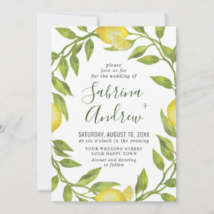 Elegant Lemons Watercolor Greenery Wedding Invitation
