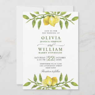 Elegant Lemons Watercolor Greenery Wedding Invitation