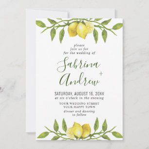 Elegant Lemons Watercolor Greenery Wedding Invitation