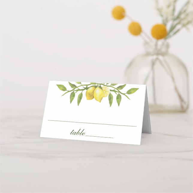 Elegant Lemons Watercolor Greenery Wedding Place Card (Front)