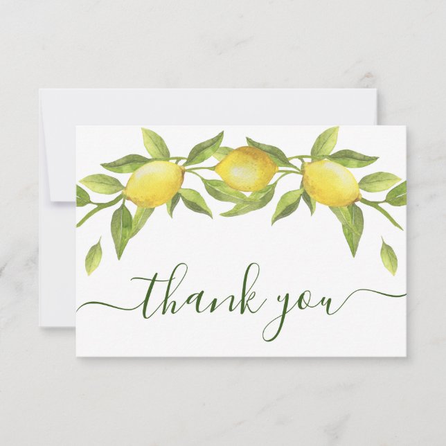 Elegant Lemons Watercolor Greenery Wedding Thank You Card (Front)