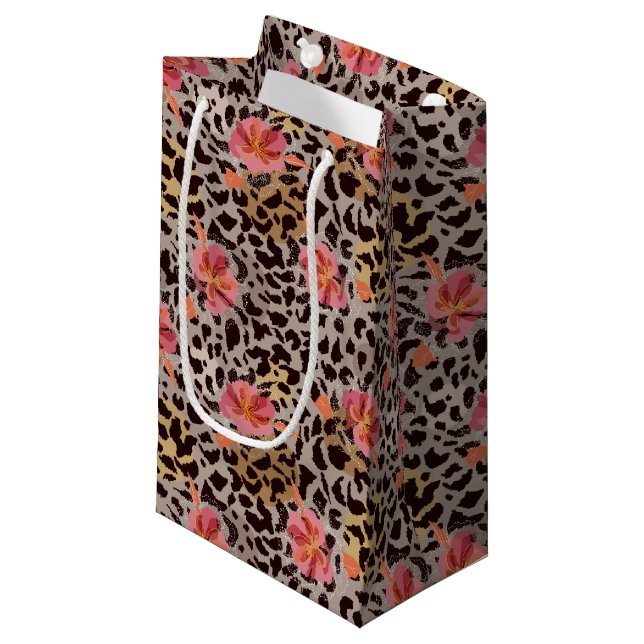 Elegant Leopard Animal Print Tropical Pink Flowers Small Gift Bag (Front Angled)