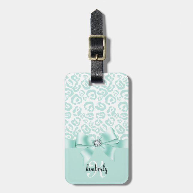 Elegant Leopard Bow & Diamond Personalised Girly Luggage Tag (Front Vertical)