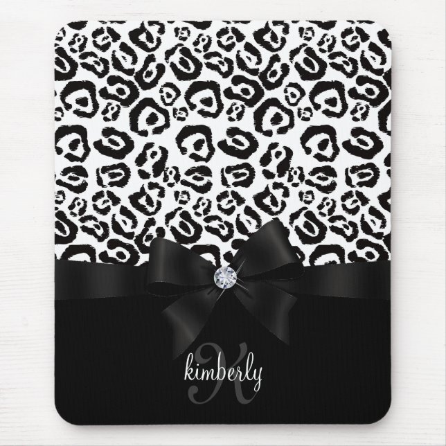 Elegant Leopard Bow & Diamond Personalised Girly Mouse Pad (Front)