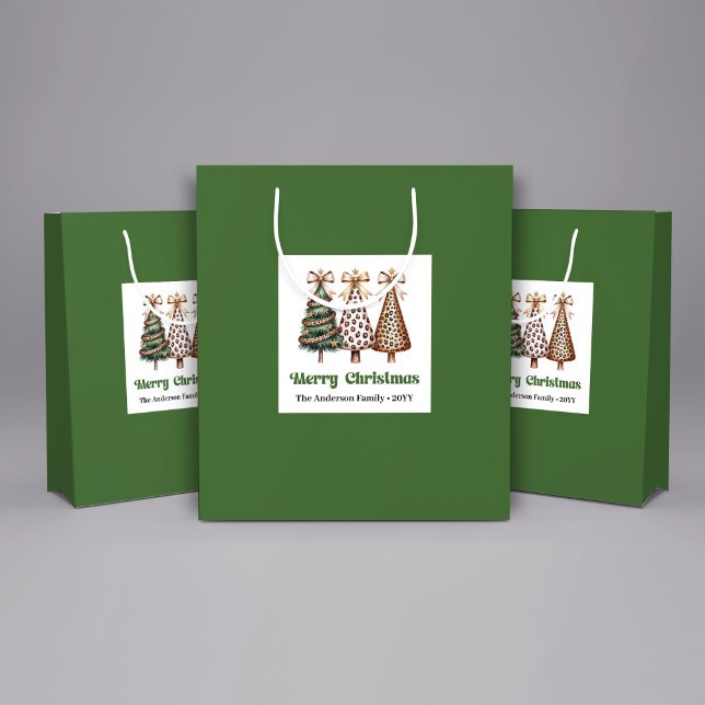Elegant Leopard Christmas Tree Gift Bag Custom Nam (Minimalist watercolor christmas tree gift bag with playful leopard pattern in earthy green and gold.)