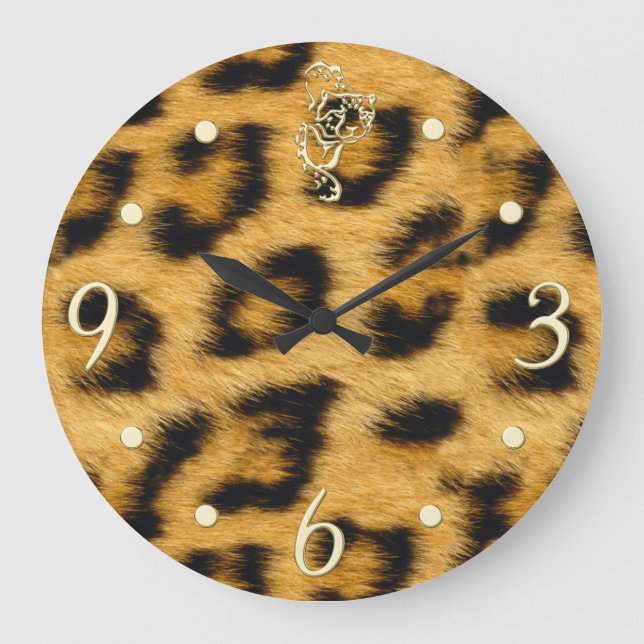 Elegant Leopard Fur with Gold Clockface Wall Clock (Front)