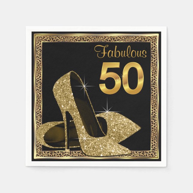 Elegant Leopard Gold High Heel 50th Birthday Party Napkin (Front)