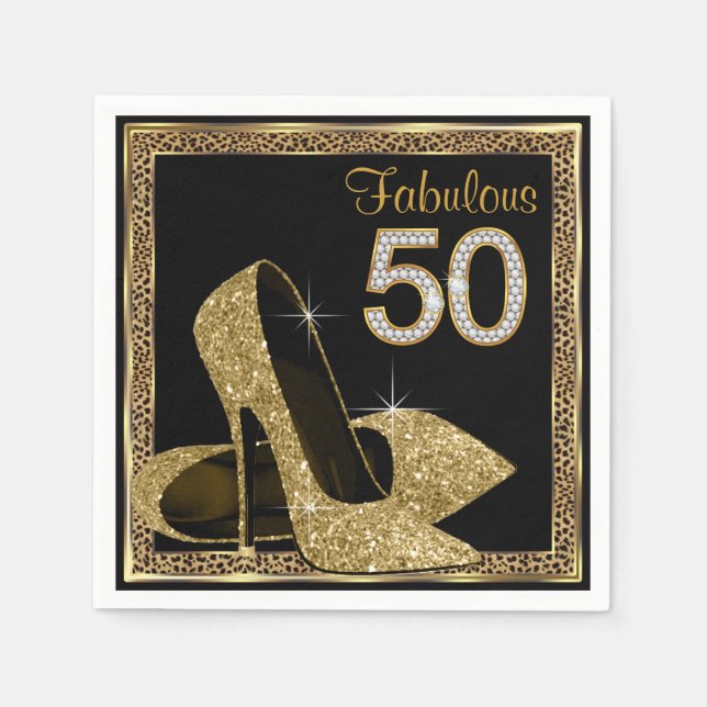 Elegant Leopard Gold High Heel 50th Birthday Party Napkin (Front)