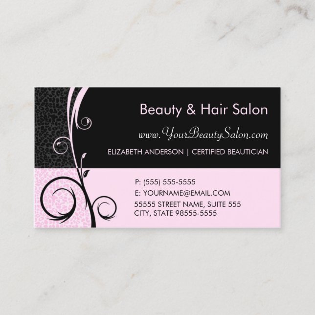 Elegant Leopard Pink and Black Salon Appointment Card (Front)