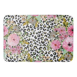 Elegant Leopard Print and Floral Design Bath Mat