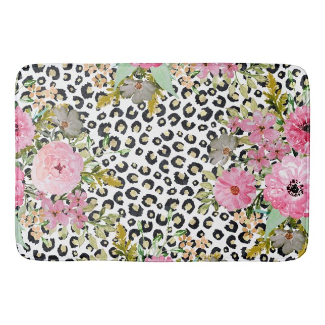 Elegant Leopard Print and Floral Design Bath Mat (Front)