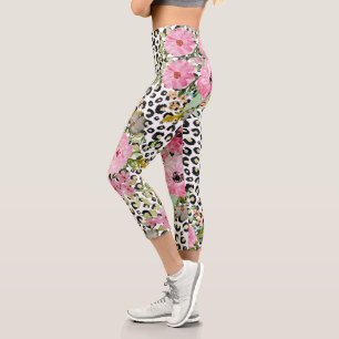 Elegant Leopard Print and Floral Design Capri Leggings