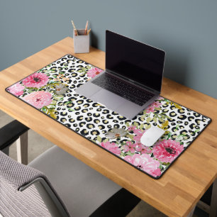Elegant Leopard Print and Floral Design Desk Mat