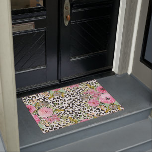 Elegant Leopard Print and Floral Design Doormat