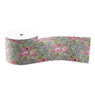 Elegant Leopard Print and Floral Design Grosgrain Ribbon