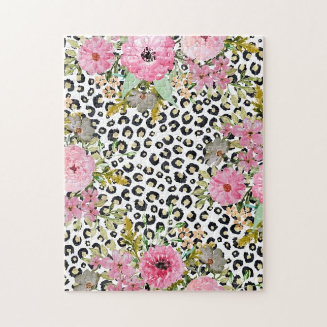 Elegant Leopard Print and Floral Design Jigsaw Puzzle (Vertical)