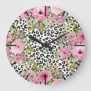 Elegant Leopard Print and Floral Design Large Clock