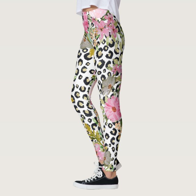 Elegant Leopard Print and Floral Design Leggings (Left)