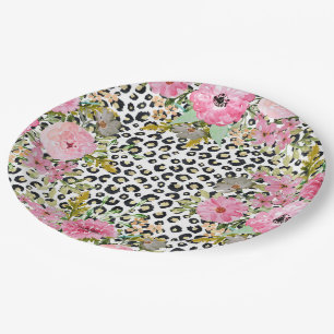 Elegant Leopard Print and Floral Design Paper Plate