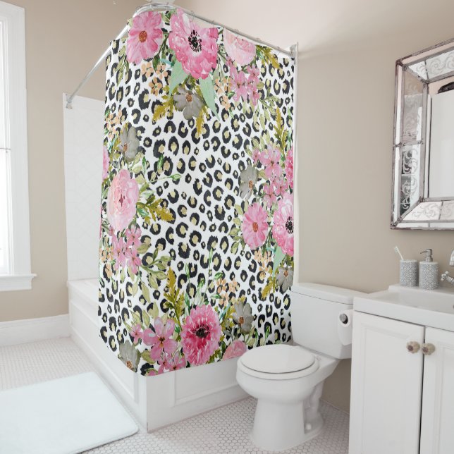 Elegant Leopard Print and Floral Design Shower Curtain (In Situ)