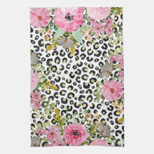 Elegant Leopard Print and Floral Design Tea Towel