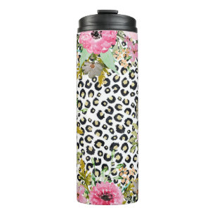 Elegant Leopard Print and Floral Design Thermal Tumbler