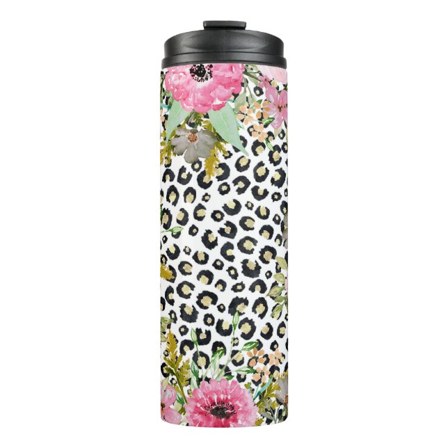 Elegant Leopard Print and Floral Design Thermal Tumbler (Front)
