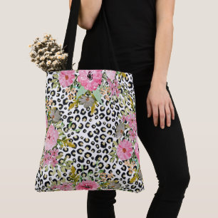 Elegant leopard print and floral design tote bag