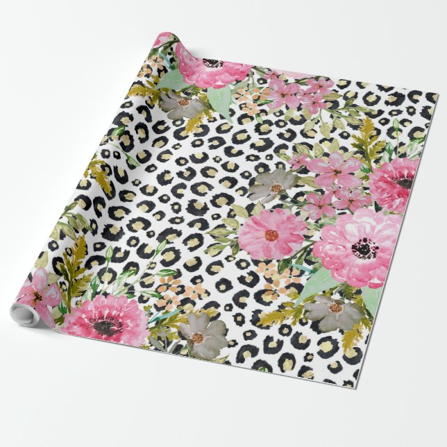 Elegant Leopard Print and Floral Design Wrapping Paper (Unrolled)