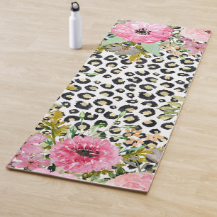 Elegant Leopard Print and Floral Design Yoga Mat