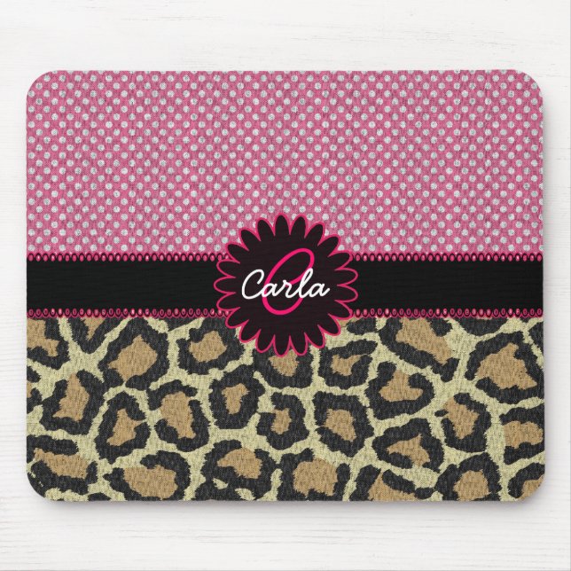 Elegant Leopard Print and Polka Dot Monogram Mouse Pad (Front)