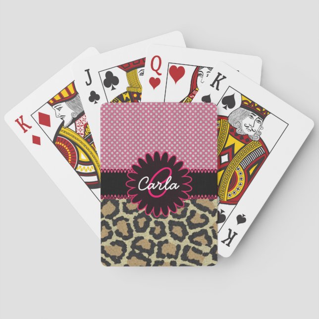Elegant Leopard Print and Polka Dot Monogram Playing Cards (Back)