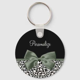 Elegant Leopard Print Dark Green Ribbon With Name Key Ring