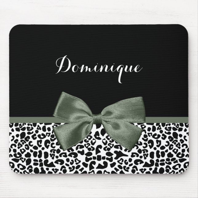 Elegant Leopard Print Dark Green Ribbon With Name Mouse Pad (Front)