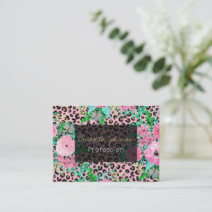 Elegant Leopard Print & Floral Paint Pink design Business Card