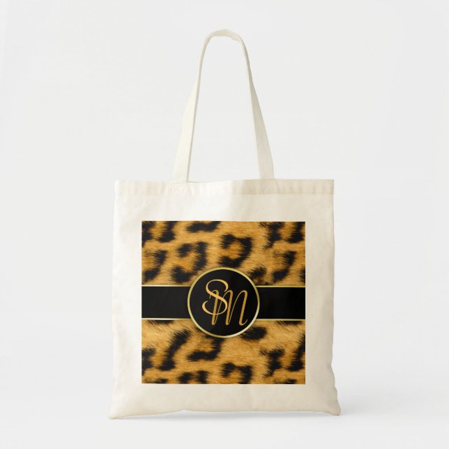 Elegant Leopard Print Monogram Script Budget Tote (Front)