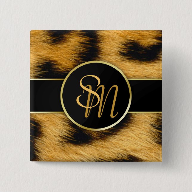Elegant Leopard Print Monogram Script - Button (Front)